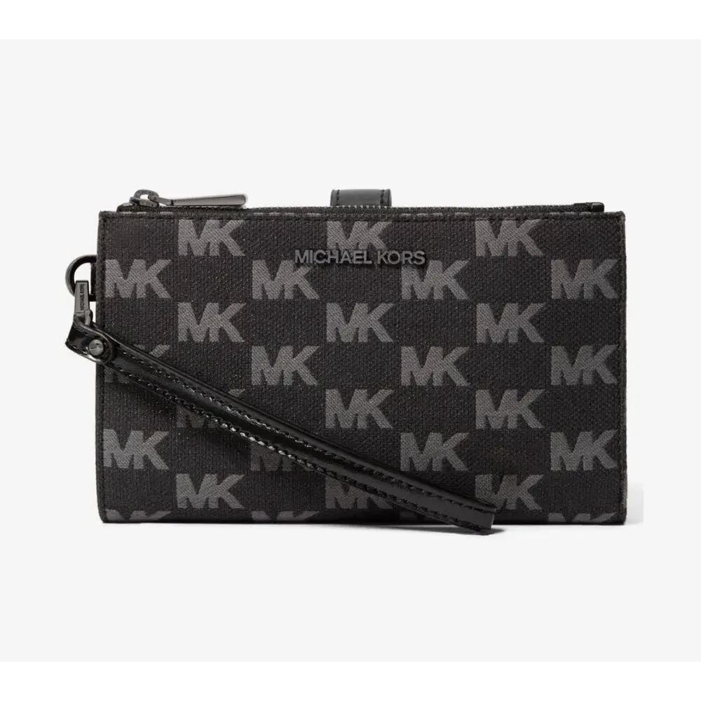 Michael Kors MK Jet Set Double Zip Phone Wristlet Wallet Black Signature Fabric